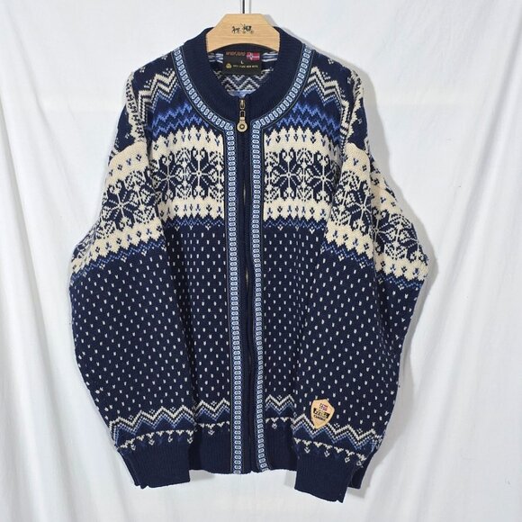 Windfjord Norway Pure New Wool Full Zip Sweater - Blue White - Sz L* - Picture 1 of 5